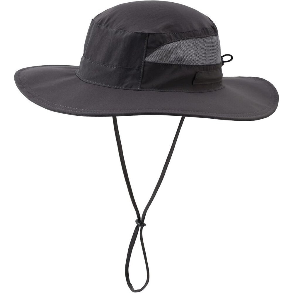 Unisex Grey 100% Polyester Wide Brim Mesh With Chin Strap Classic Camping Hat